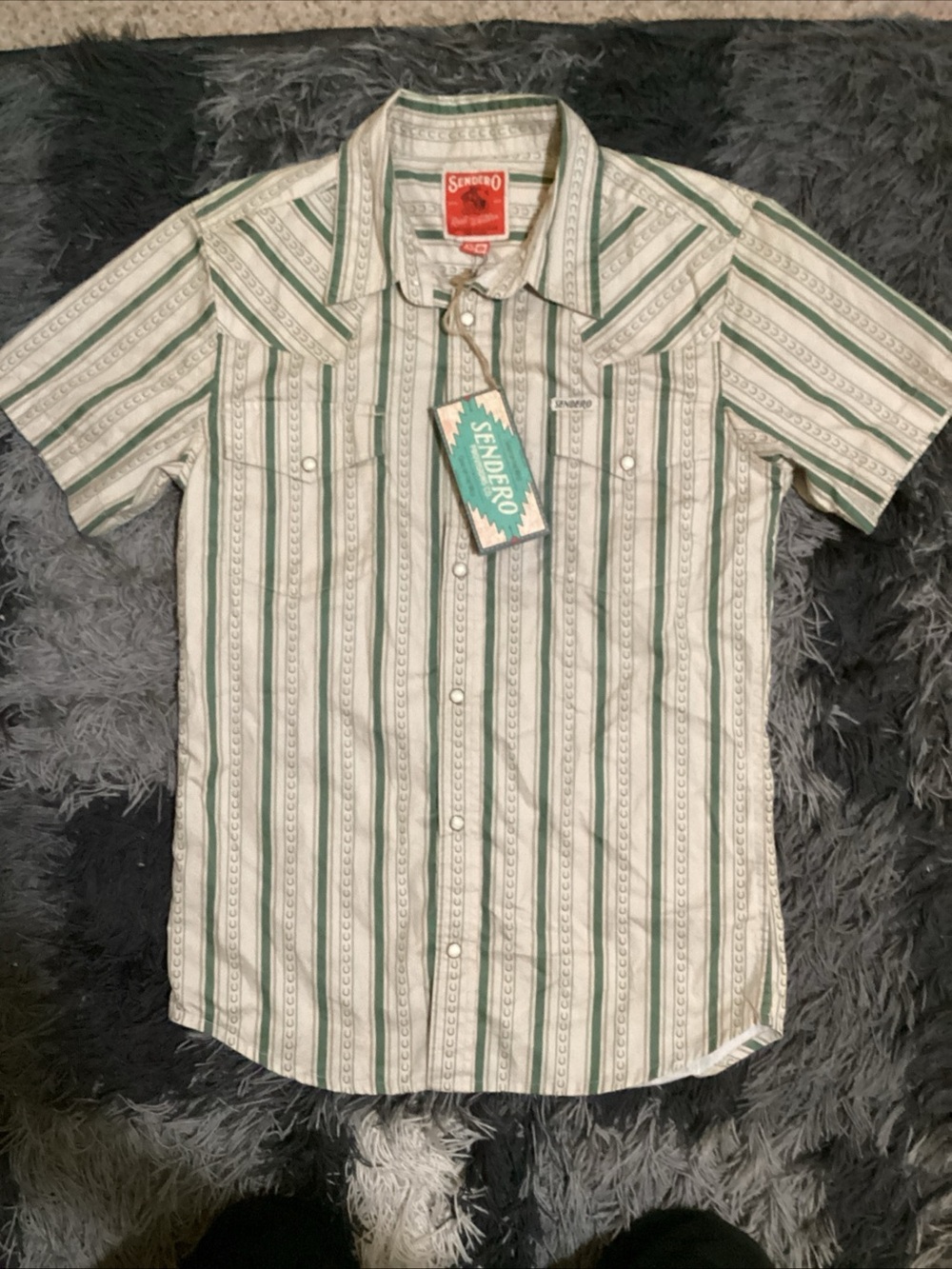 Sendero Green Striped Short-Sleeve Button-Down pearl snap western